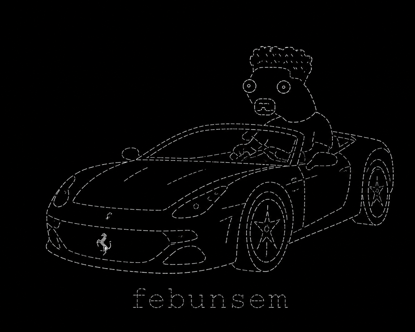 febunsem driving a sports car, drawn in white dashed outlines