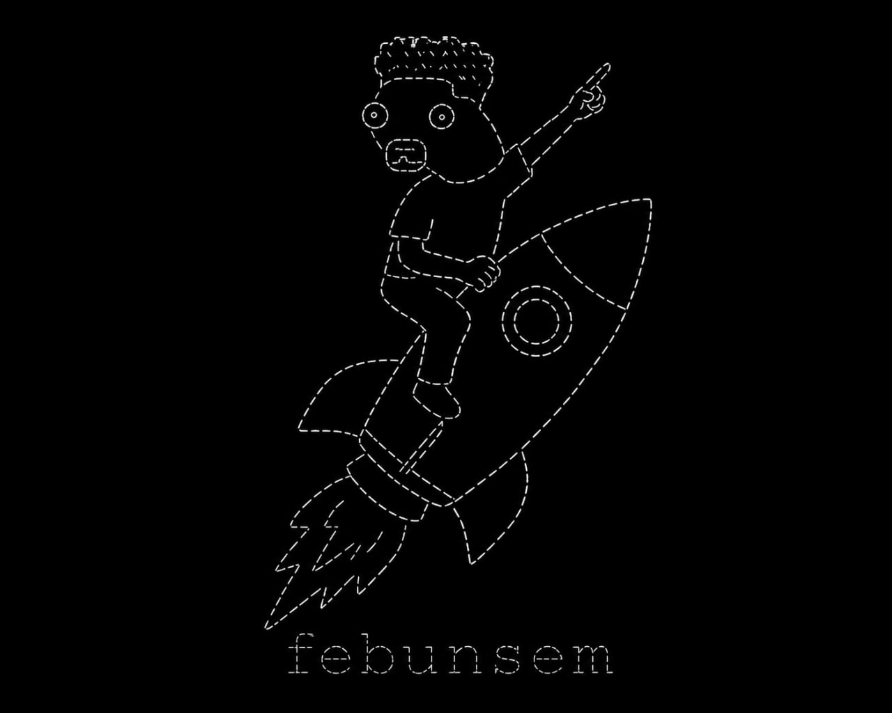 febunsem straddling a launching rocket and pointing upward, drawn in white dashed outlines