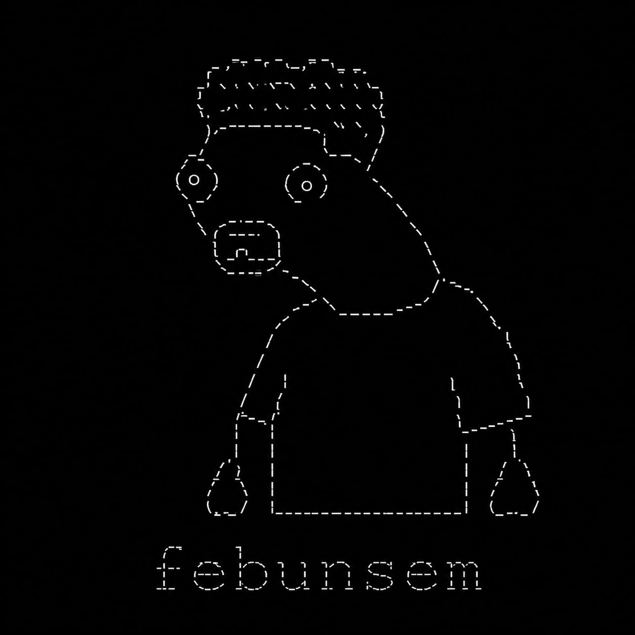 febunsem — a dashed-outline void creature with blocky hair, wide round eyes and a rounded snout, standing and staring back at you